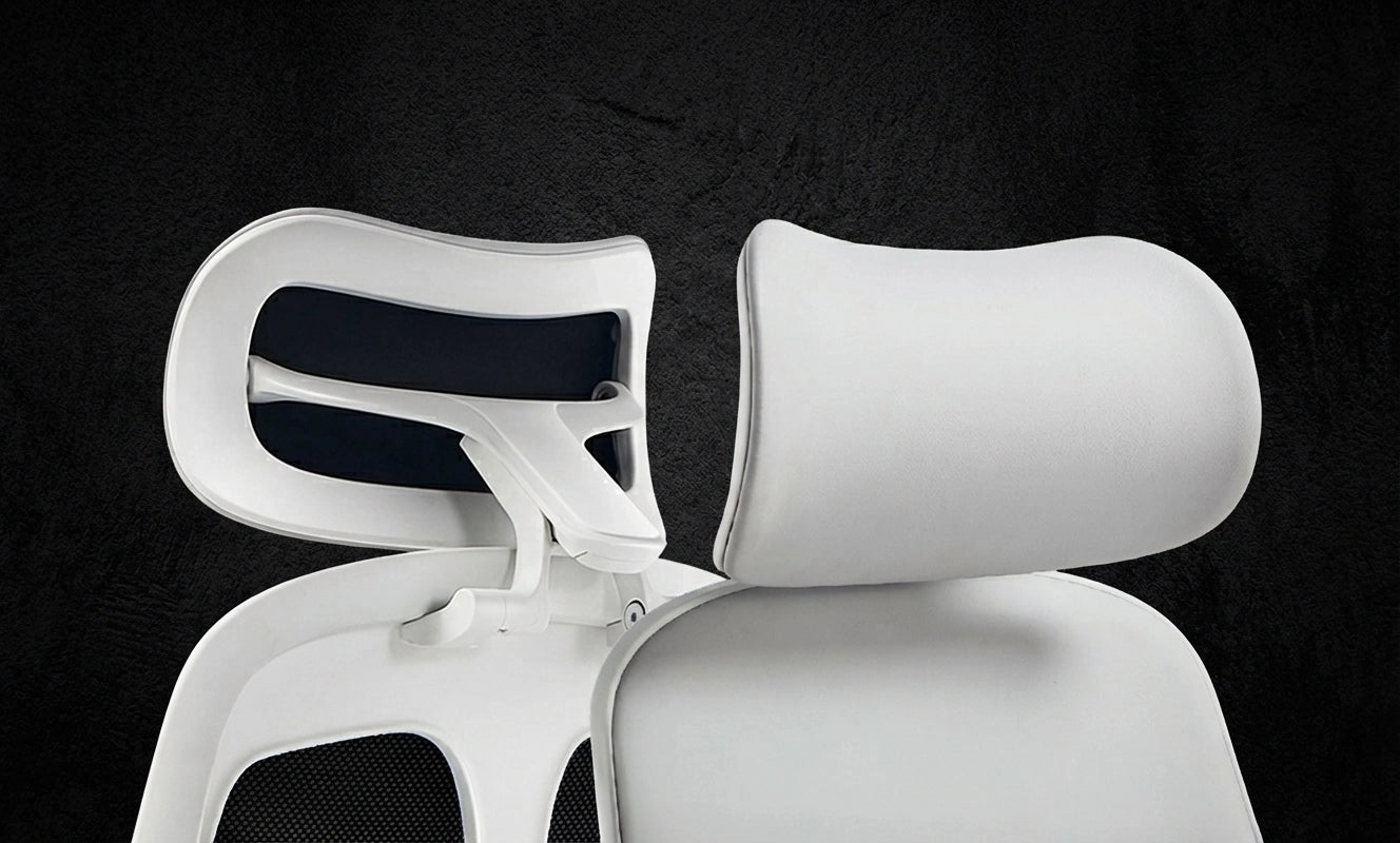A Sunaofe ergonomic office chair with a sleek white adjustable headrest and mesh back design.