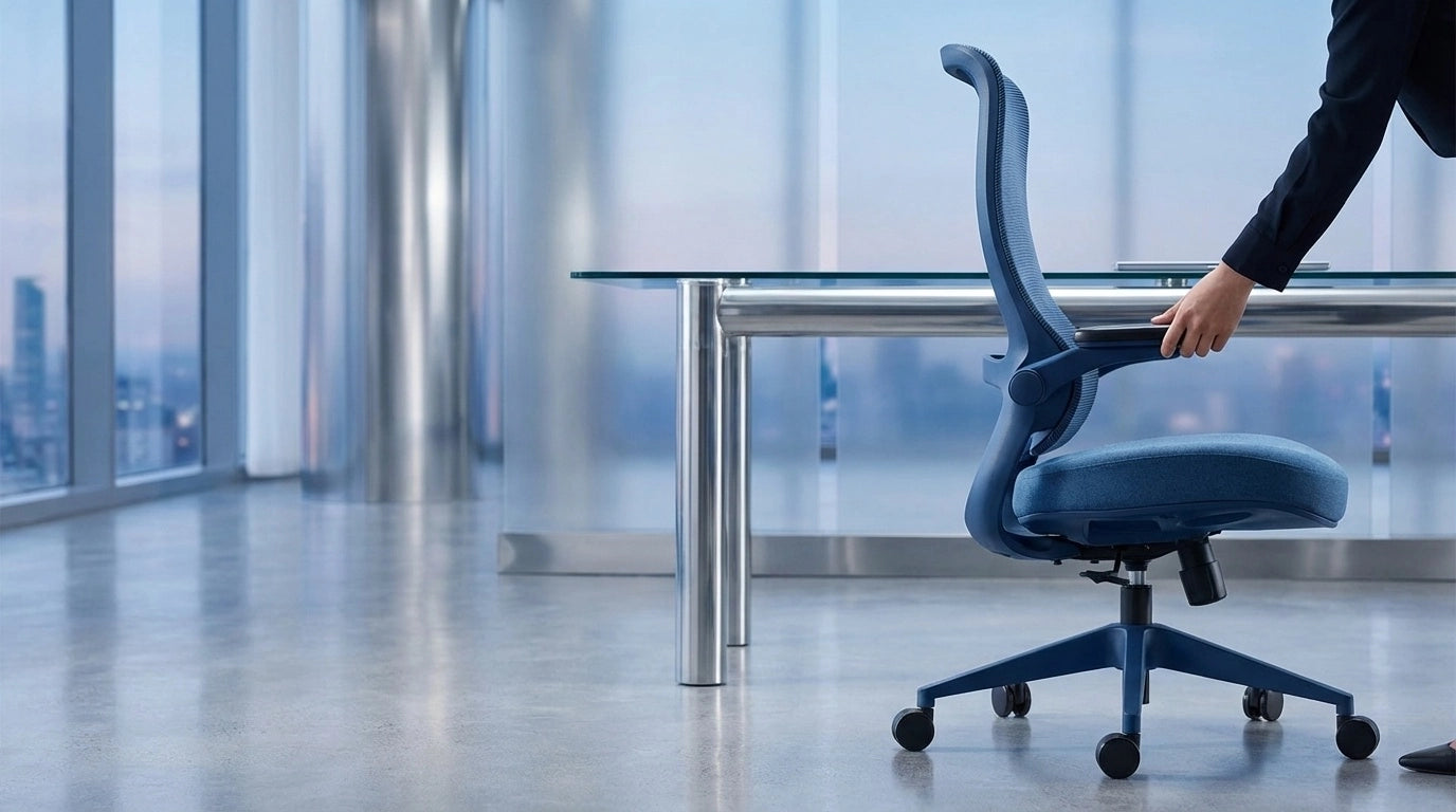Blue ergonomic office chair by Sunaofe with adjustable armrests in a modern office.