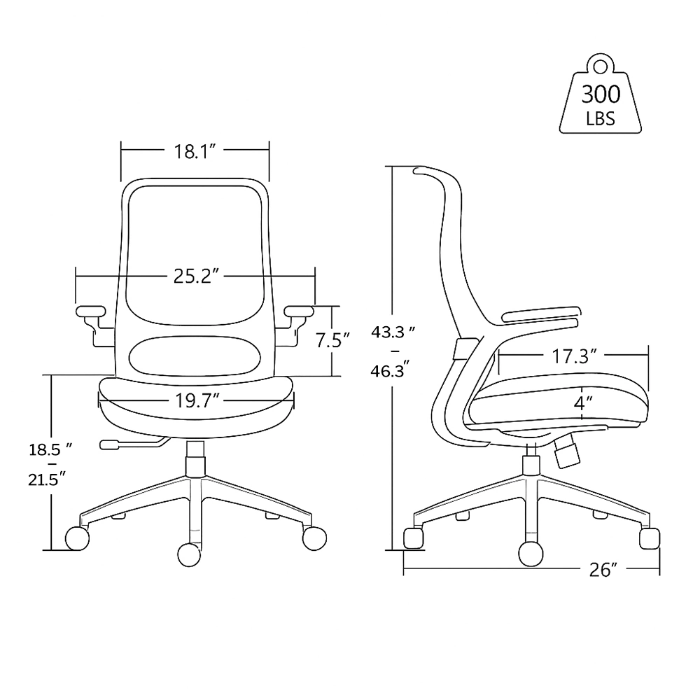 Dimensions diagram of a Sunaofe ergonomic office chair, front and side views.