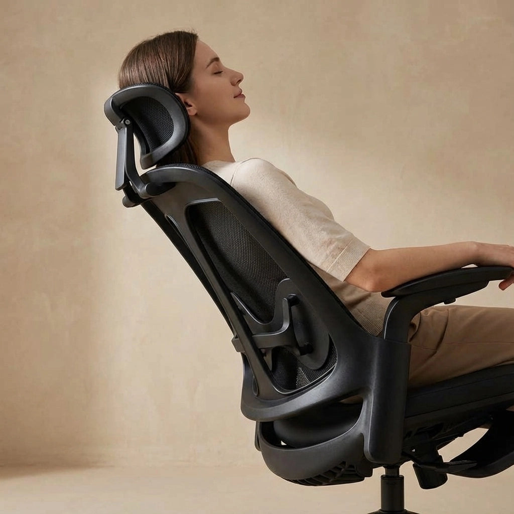 A woman relaxes in a Sunaofe ergonomic office chair with a supportive headrest for maximum comfort.