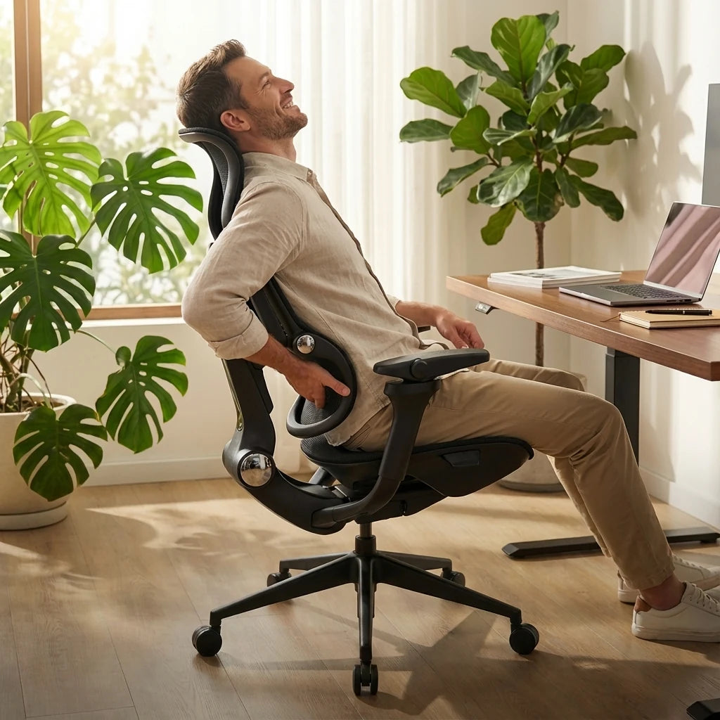 Man relaxing in a Sunaofe ergonomic office chair in a bright, modern workspace with plants.