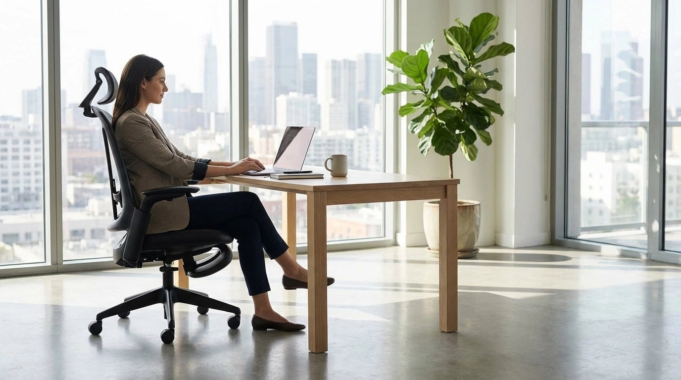A woman works on a laptop while sitting in a Sunaofe ergonomic office chair in a bright, modern city office.