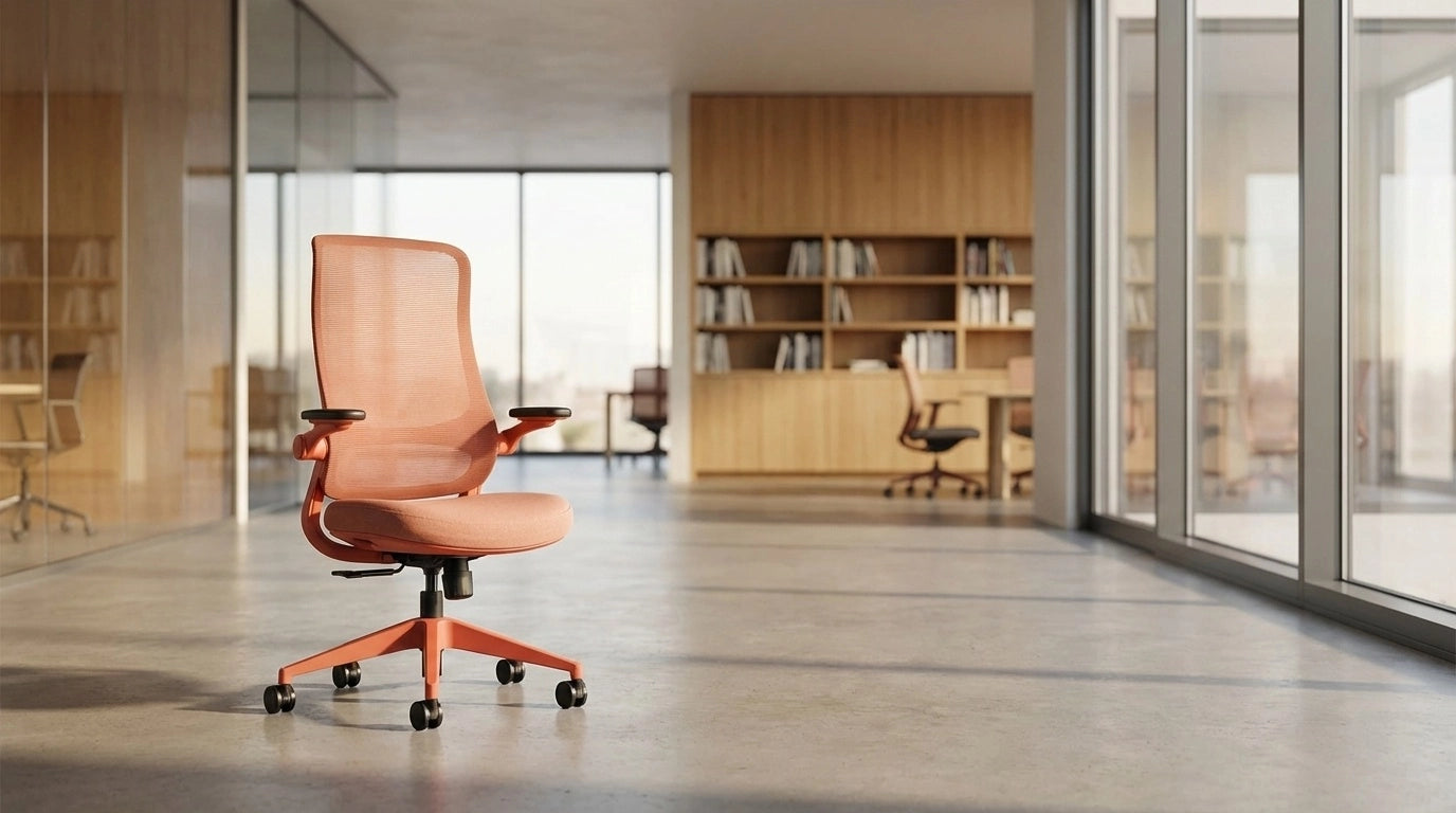 Peach ergonomic office chair by Sunaofe in a bright, modern office space.