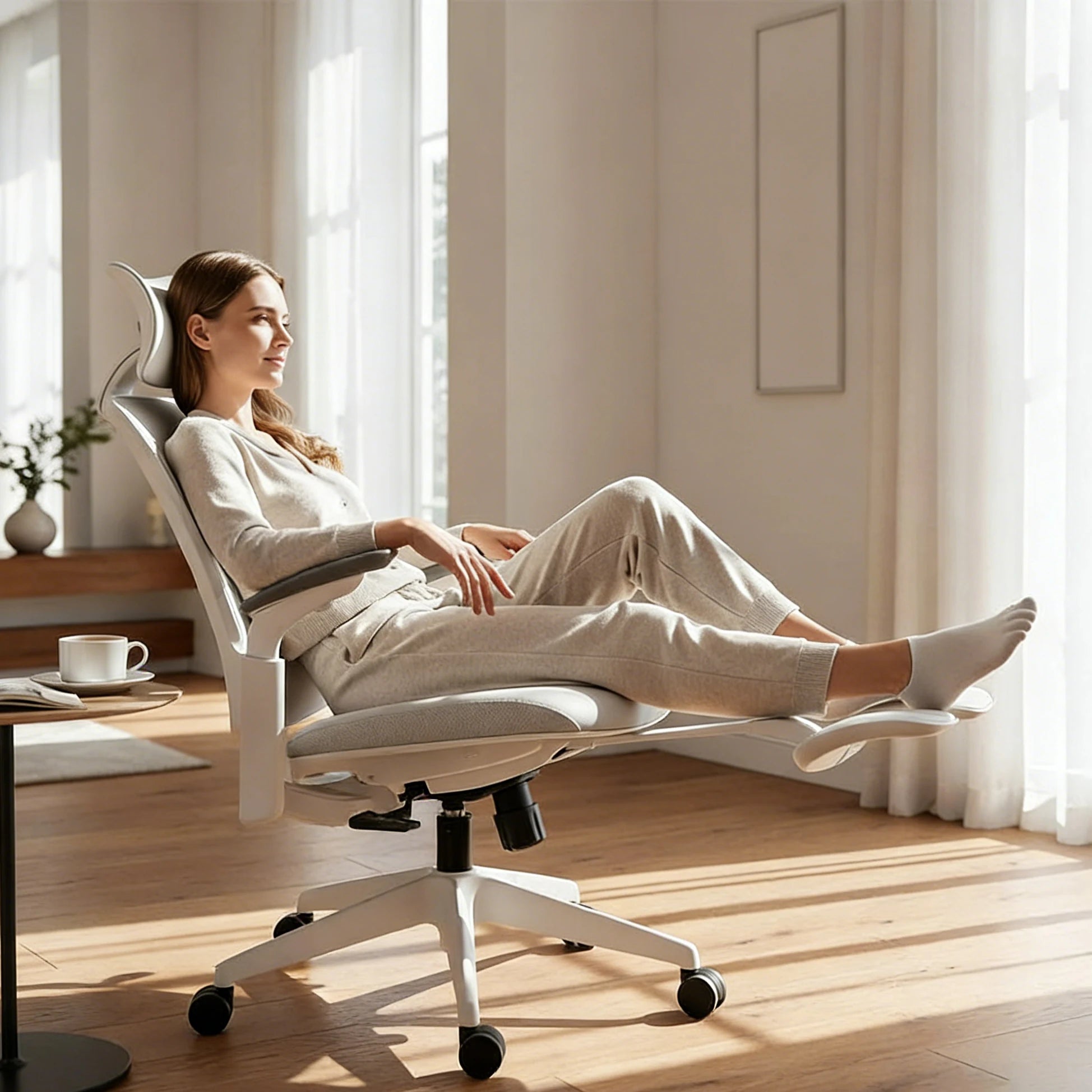 Woman relaxing in a Sunaofe ergonomic office chair with reclined position and footrest.