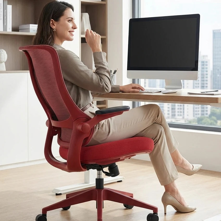A woman sits in a red ergonomic Sunaofe office chair at a desk with a computer.