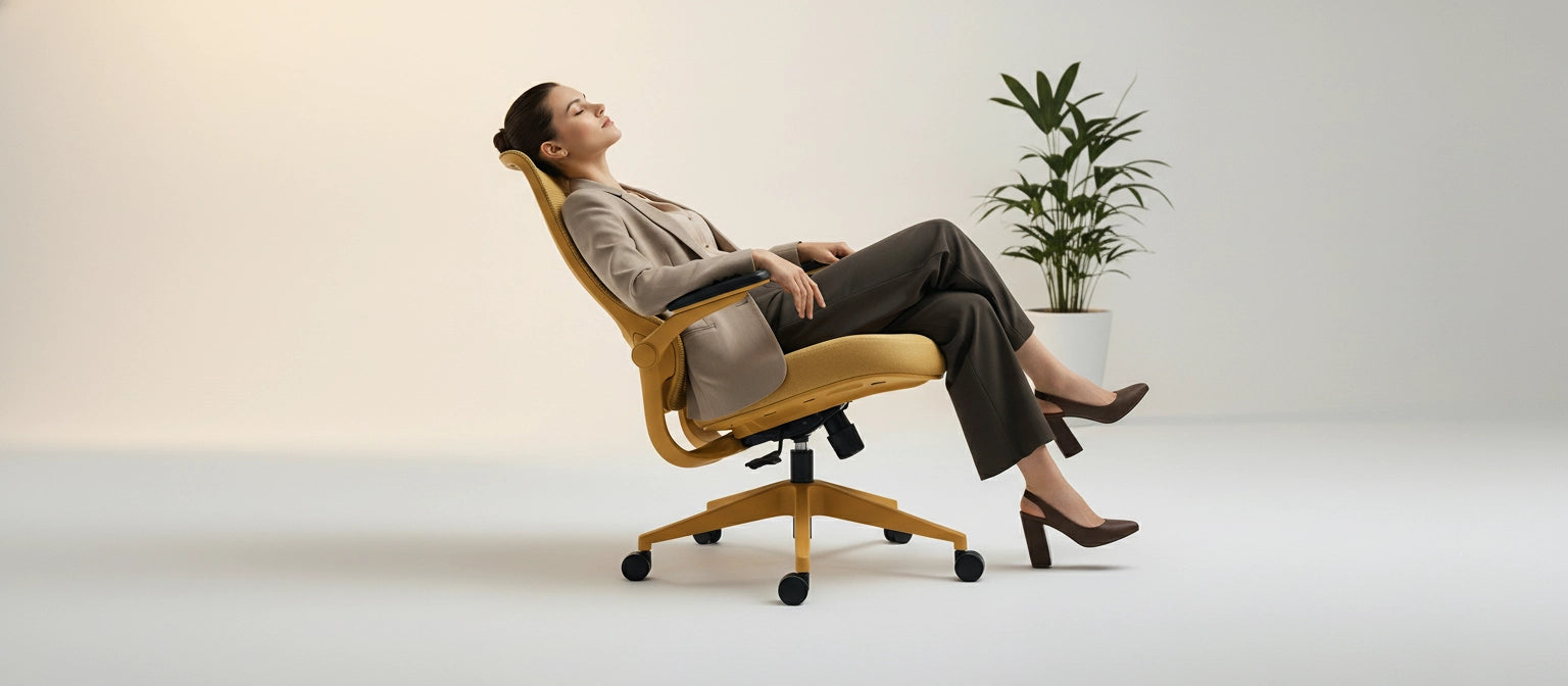 A woman relaxes in a Sunaofe ergonomic office chair, promoting comfort and well-being.