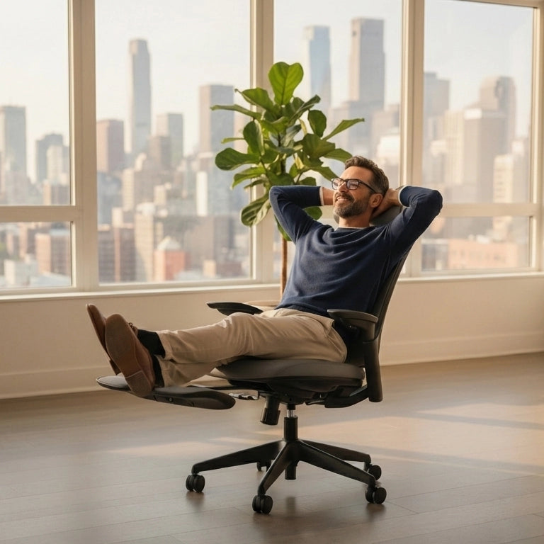 Man relaxing in a Sunaofe ergonomic office chair with a city view, promoting comfort and well-being.