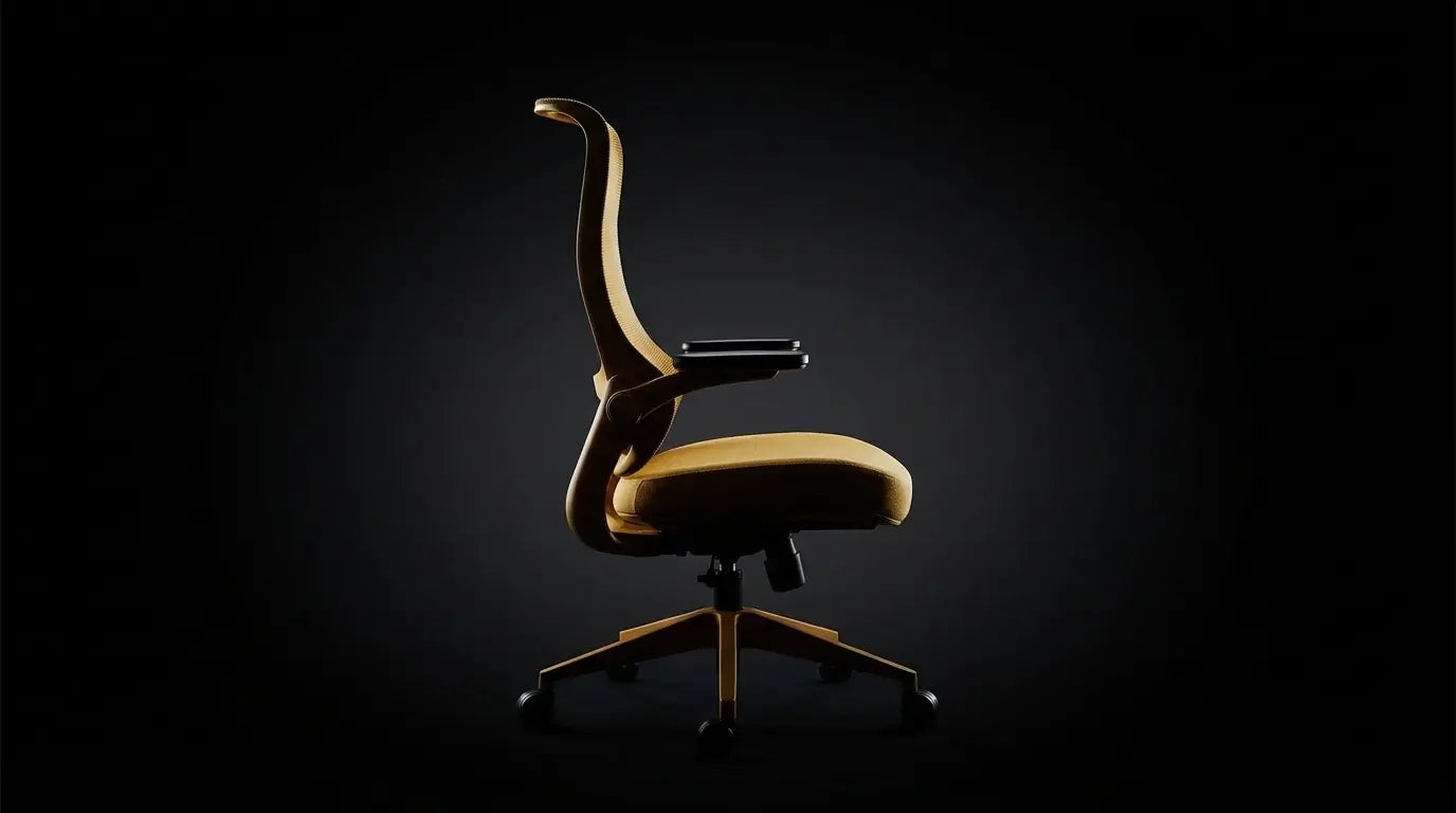 Side view of a yellow ergonomic office chair by Sunaofe against a dark background.
