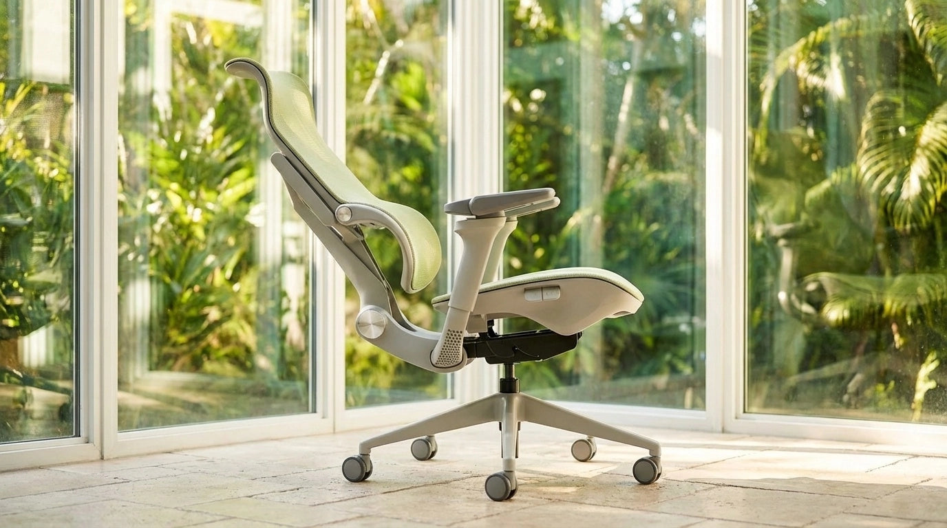 A Sunaofe ergonomic office chair made with sustainable materials provides comfort and support.