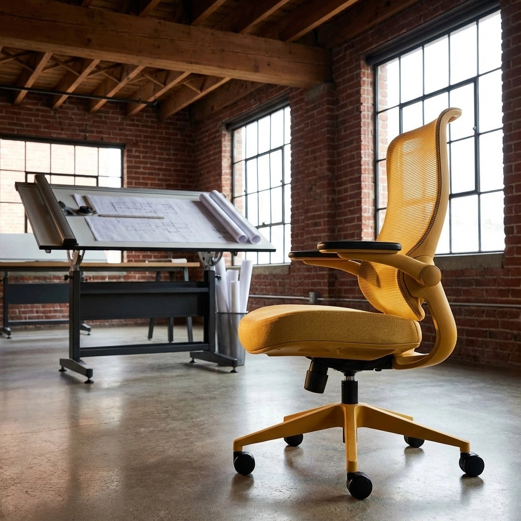 A yellow Sunaofe ergonomic office chair is in a modern office space with brick walls.