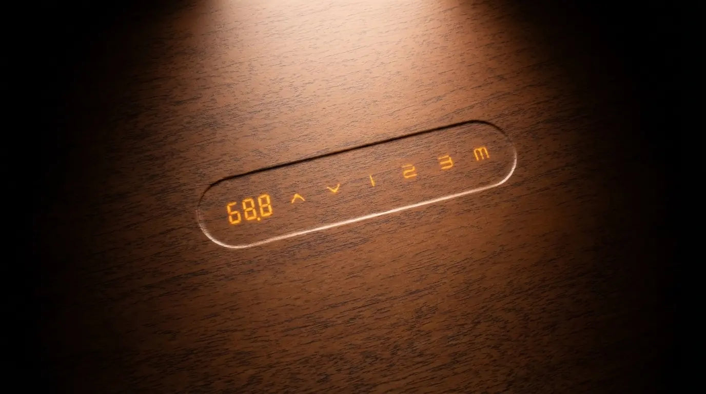 Close-up of the height adjustment control panel on a Sunaofe smart desk.