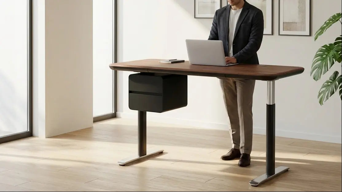 A Sunaofe height-adjustable desk in a modern office, person using a laptop while standing.