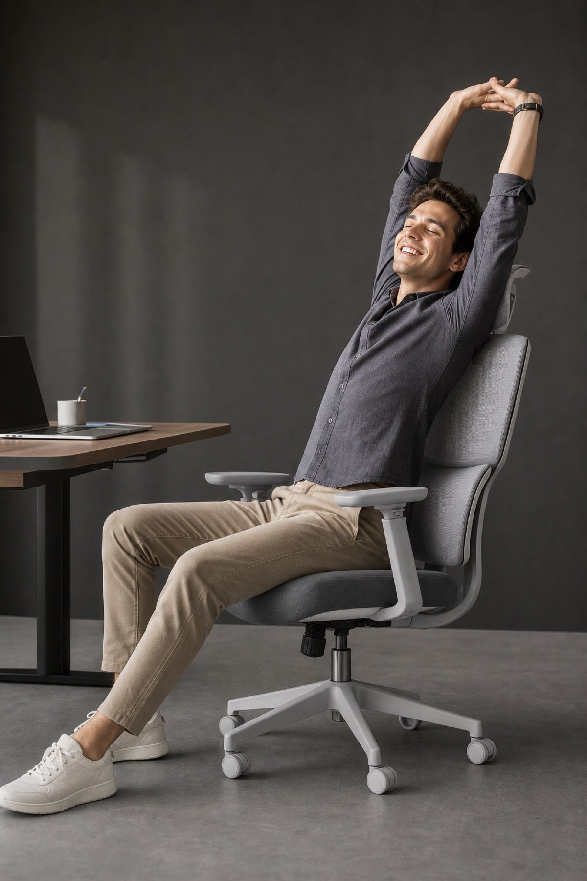 A man stretching back in a grey Sunaofe Atlas ergonomic chair at a standing desk