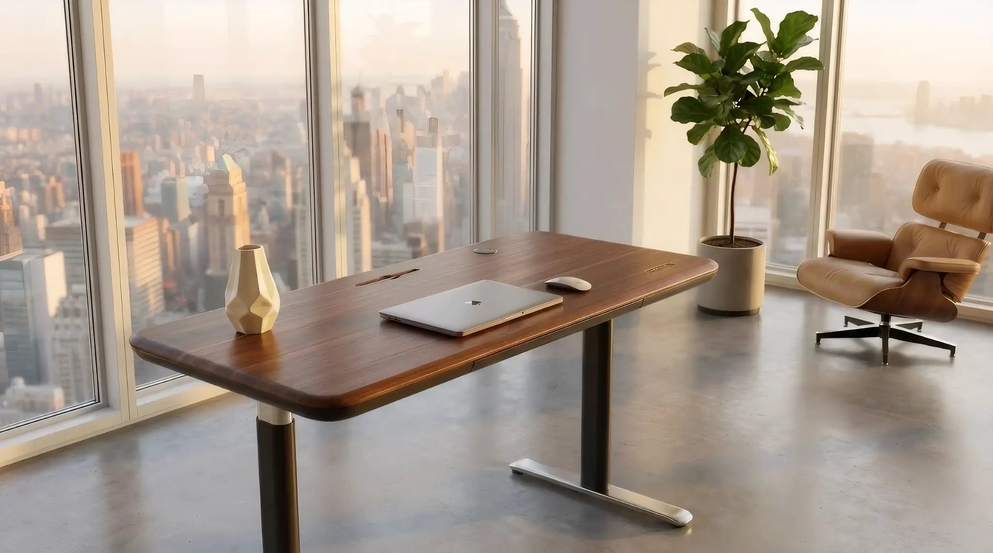 Sunaofe smart desk with laptop and city view backdrop, promoting a modern workspace.