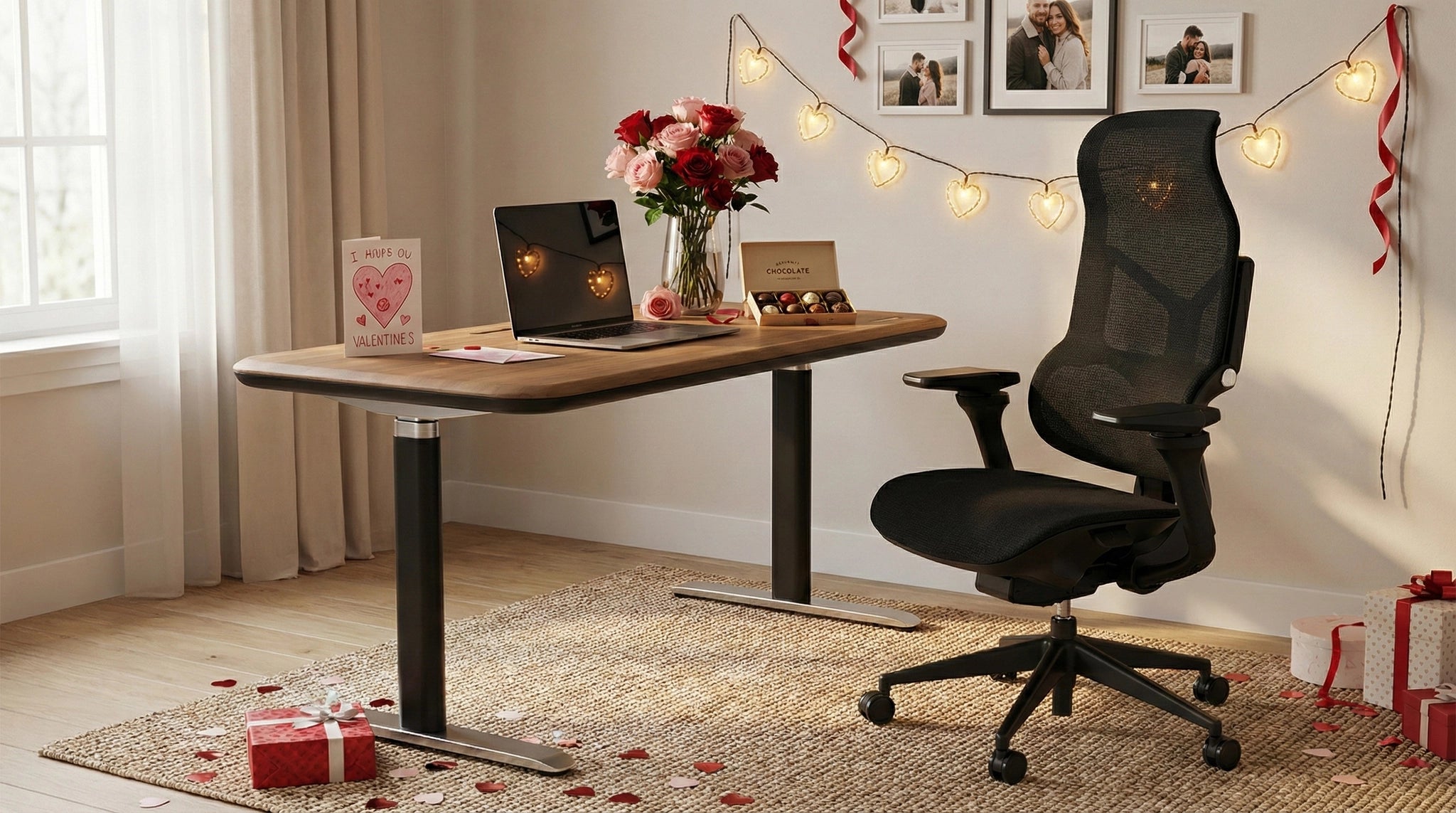 Sunaofe standing desk and ergonomic chair in a cozy Valentine's Day themed office with roses and heart lights.